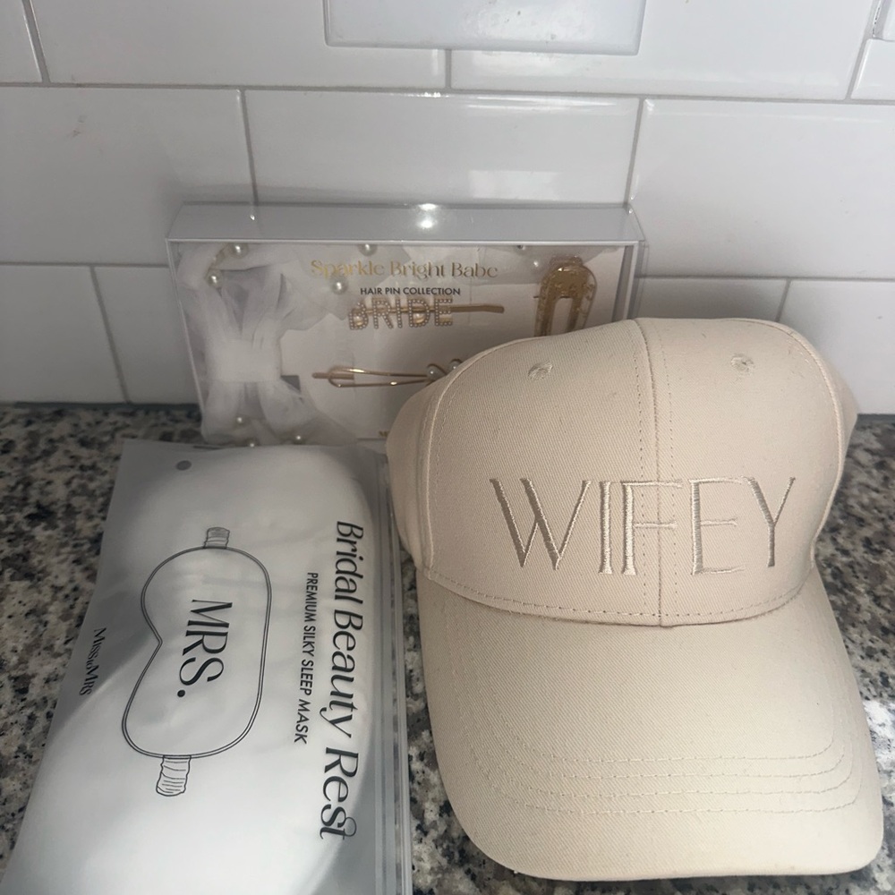 Elegant Beige 'Wifey' Cap Plus Hair Pins and Sleep Mask